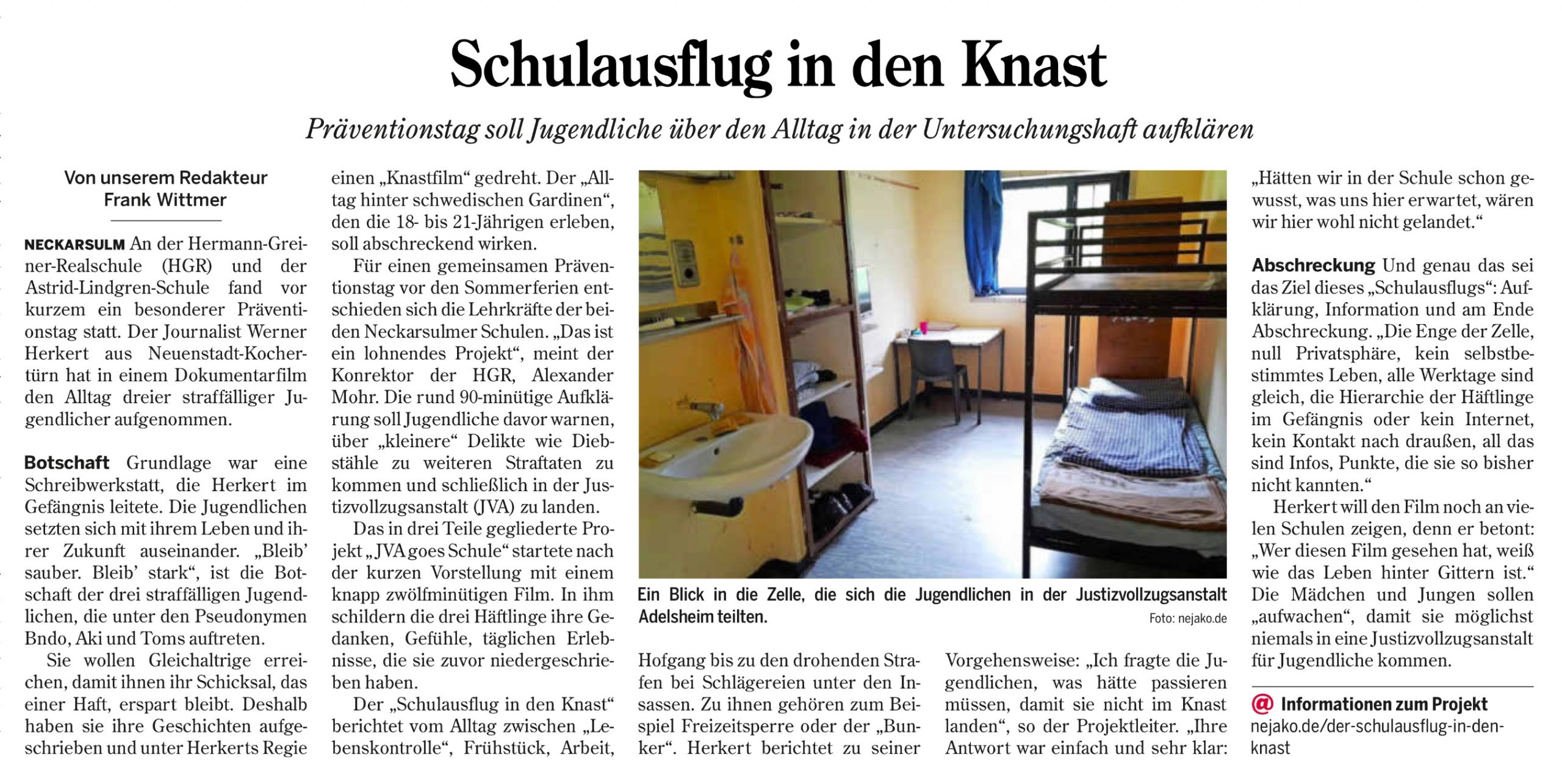 Schulausflug in den Knast – Heilbronner Stimme, 24. Juli 2024