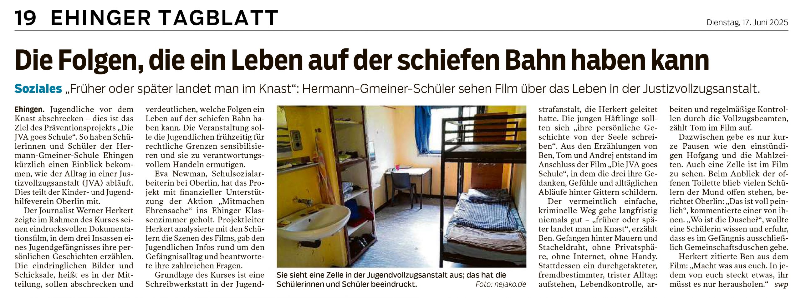 Die Folgen, die ein Leben auf der schiefen Bahn haben kann – Südwest Presse / Ehinger Tagblatt, 17. Juni 2025