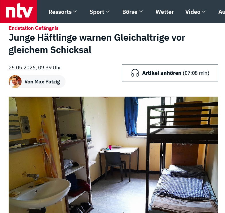 Endstation Gefängnis – Junge Häftlinge warnen Gleichaltrige vor gleichem Schicksal
n-tv.de vom 25. Mai 2026